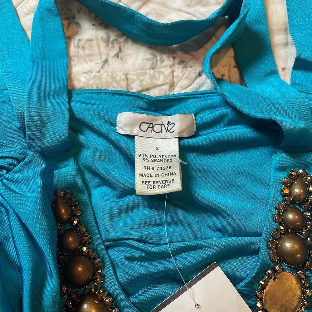 cache vintage y2k deadstock metal jeweled blue cinched halter top size small - Picture 6 of 7